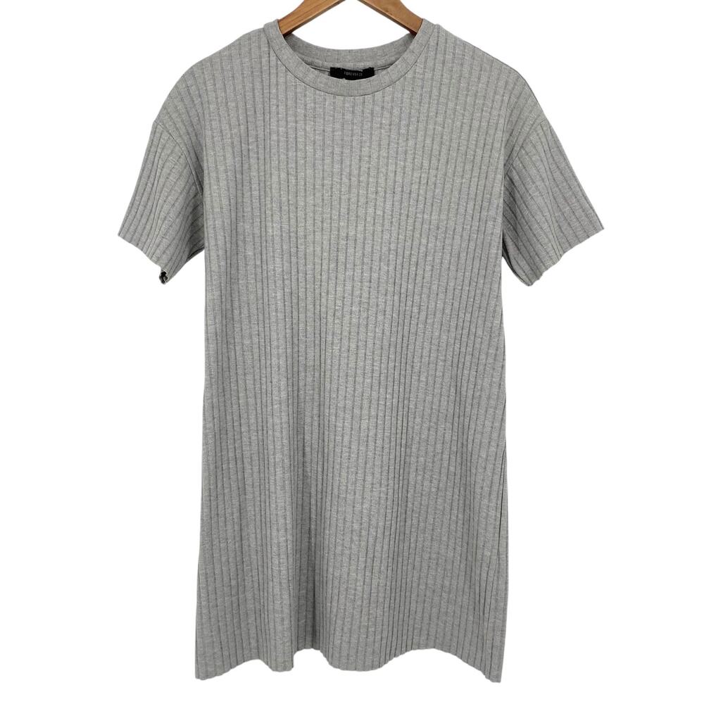 FOREVER 21 Ribbed Knit Mini T Shirt Dress Grey Size Medium Relaxed Fit Stretch